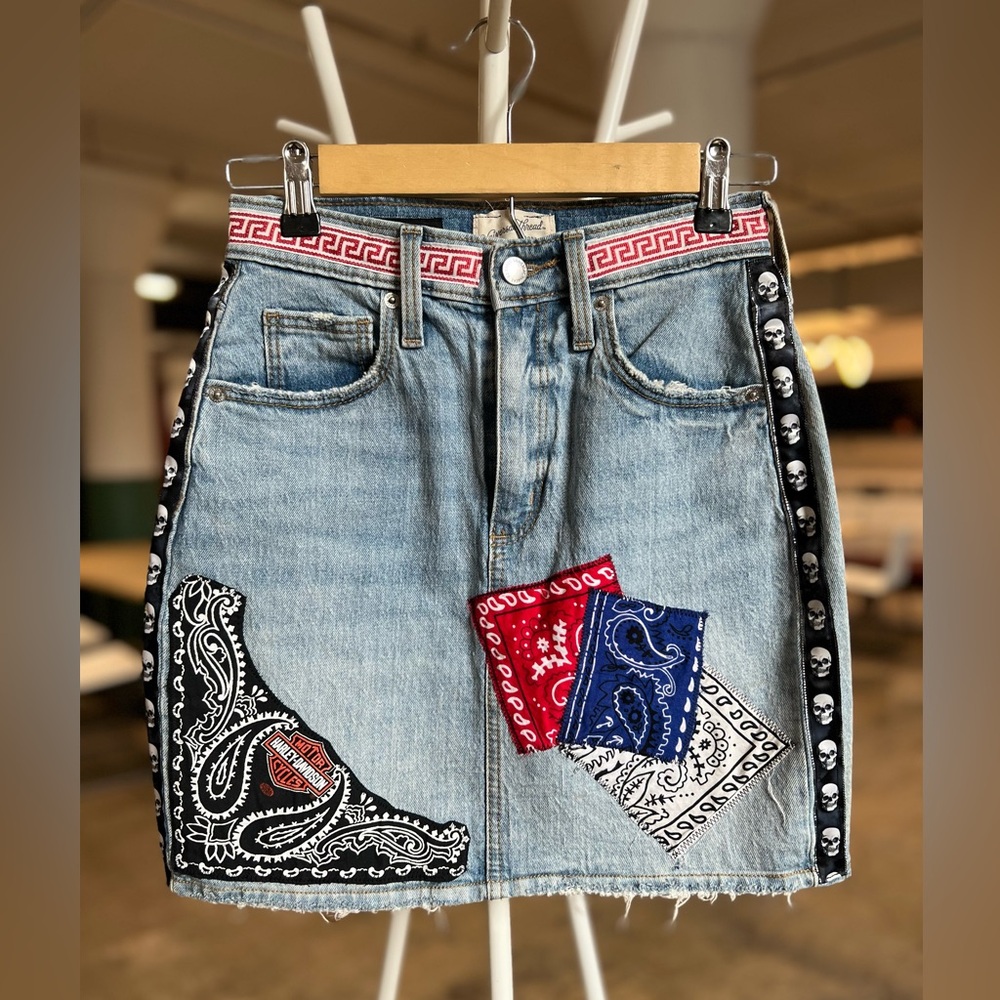 Harley Denim Patchwork Skirt with Bandana Accents